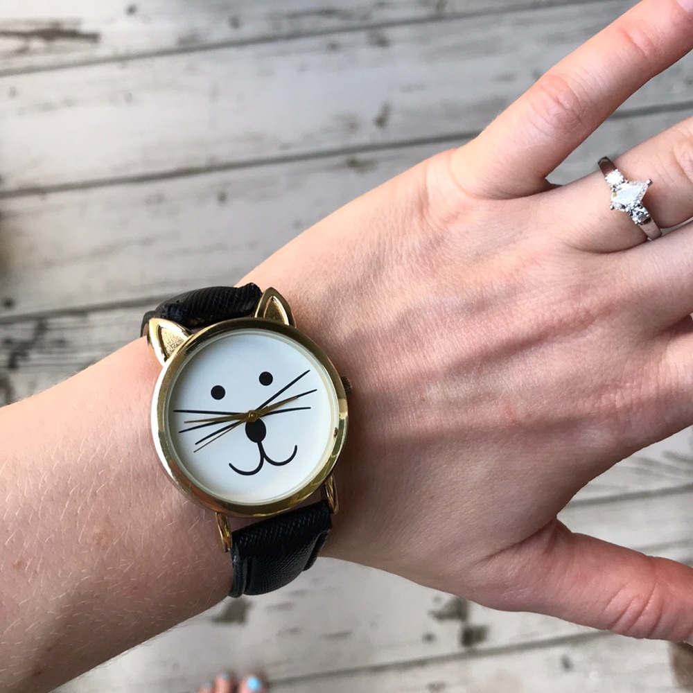 Gold Cat Watch with Black Leather Band ModCloth